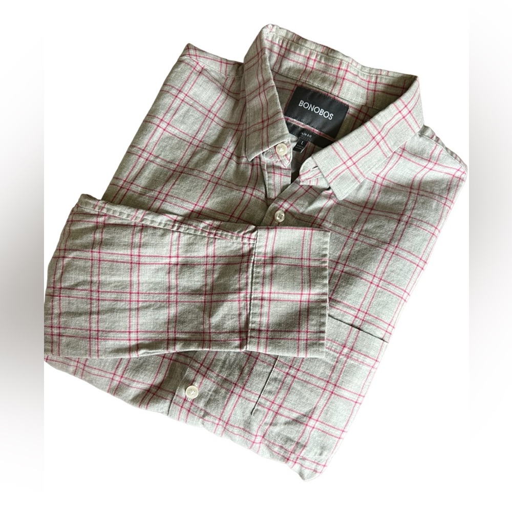 Bonobos slim fit grey/pink plaid. Light flannel material‎ button up. Size large